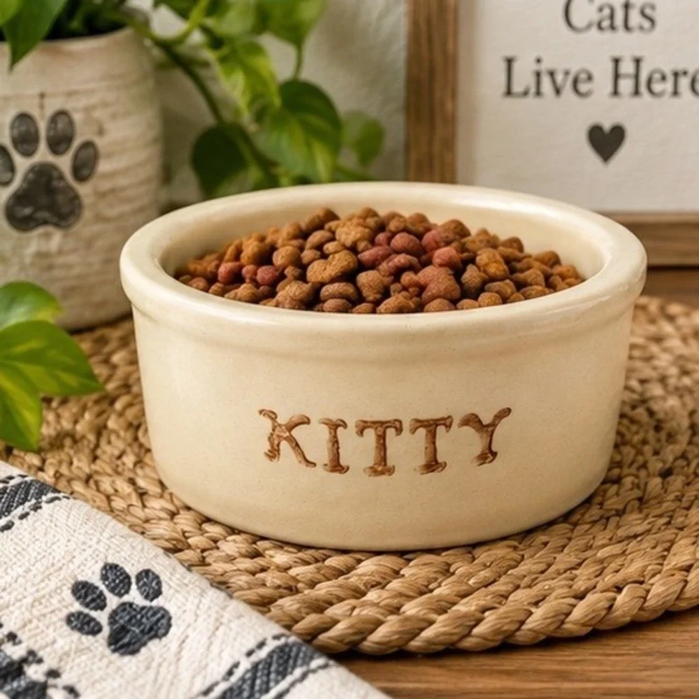 VTG Robinson Ransbottom Roseville Ohio Kitty Stoneware Pet Bowl Cream 5 INCH